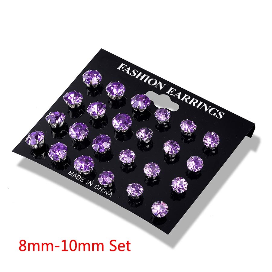 12 Paar/pak Wit Glanzend Bruiloft Stud Oorbellen Set Voor Vrouwen Mannen Crystal Sieraden Accessoires Oorbellen Sieraden Oorbellen: 12 Pairs Set Purple