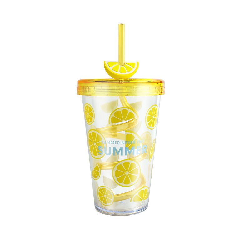 16oz farverige frugtkopper konfetti genanvendelige plastikglas med låg og sugerør kolde kopper halmkrus drikkevarer køkkenvandflaske: Citron