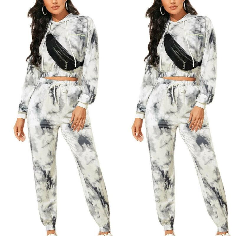 Tie-Dye Print Vrouwen Gym Kleding Set Hooded Lange Mouwen Cropped Tops Joggingbroek Dames Casual 2 Stuk sportkleding