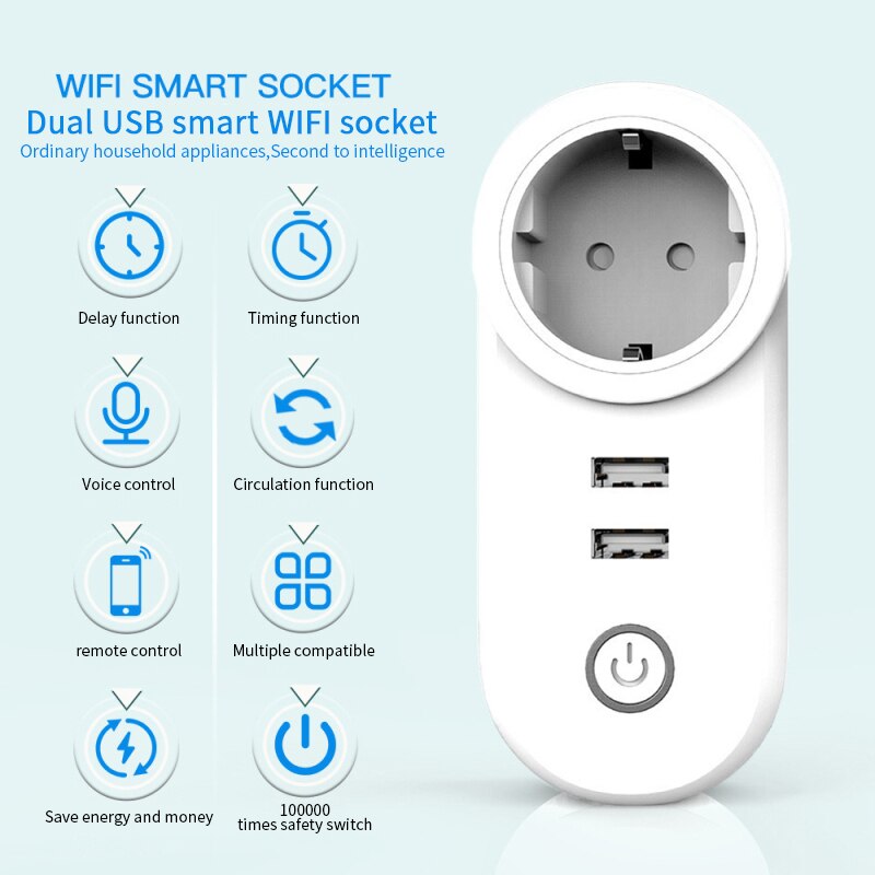 Smart Wifi Socket Eu Plug Dubbele Usb-poort Draadloze Smart Stekkers Werkt Met Alexa Google Thuis Voice Controle