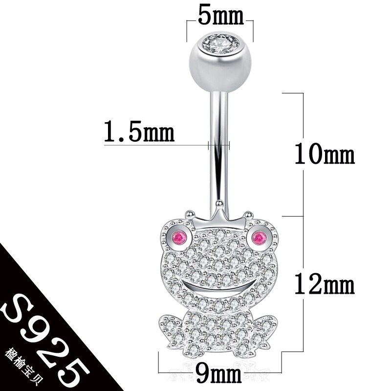 Belly Button Ring Dier Kikker 925 Sterling Zilveren Kroon Geen Allergische Body Piercing Sieraden Zirkoon Steen Lange Korte Pin Lengte: PIN length 10mm