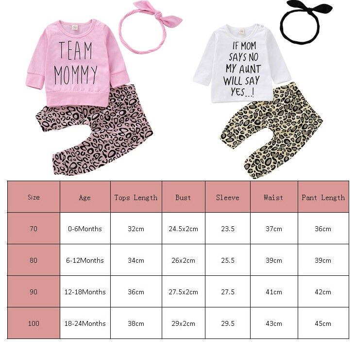 Newborn Baby Girls Set Clothes Print Letter Long Sleeve T Shirt Top+Leopard Pants Leggings Headband Outfit