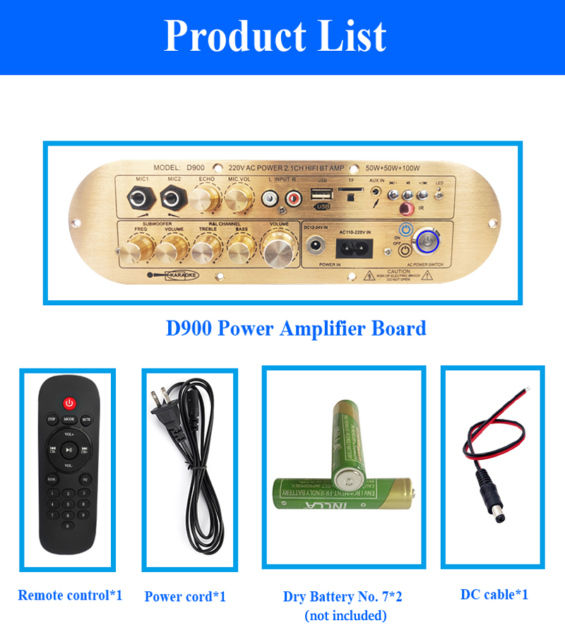 Audio Amplifier Board D900 TPA3116 Channel 2.1 Bluetooth5.0 USB Reverb Adjustment 50W+50W+100W Power Amplifier Board for Karaoke