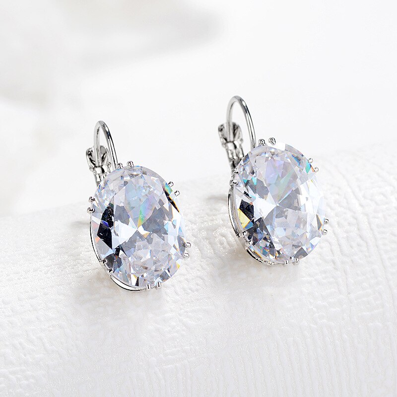 Big Oval Zircon Stone Earrings for Women Silver Color Earring Korean Jewelry Simple DBE068: Clear