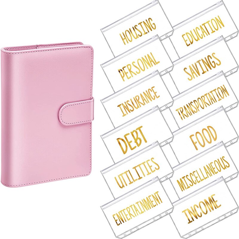A6 PU Binder Planner Budget Organizer Round Ring Binder Cover Magnetic Personal Planner Binder with 12 Binder Pocket: pink