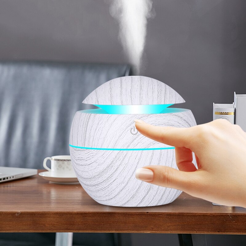130Ml Mini Electric Air Humidifier Usb Charge Aroma Diffuser Ultrasonic White Wood Grain With 7 Color Led Light For Home