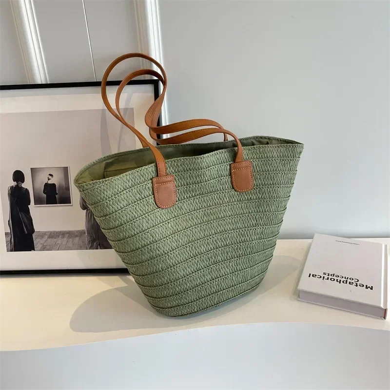 Bolso de mano de cesta trenzada para mujer, bolso de hombro portátil de paja grande, monederos de en la playa, bolso de compras femenino