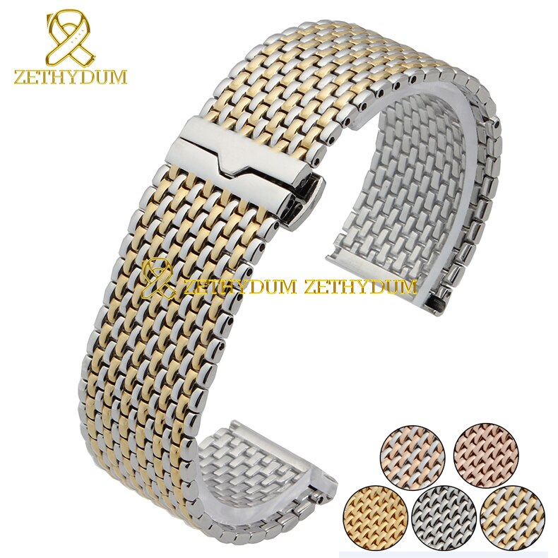 Fino sólido aço inoxidável pulseira assista bracelete banda de metal relógios de pulso em ouro rosa pulseira de prata cinto butterfly clasp 22mm