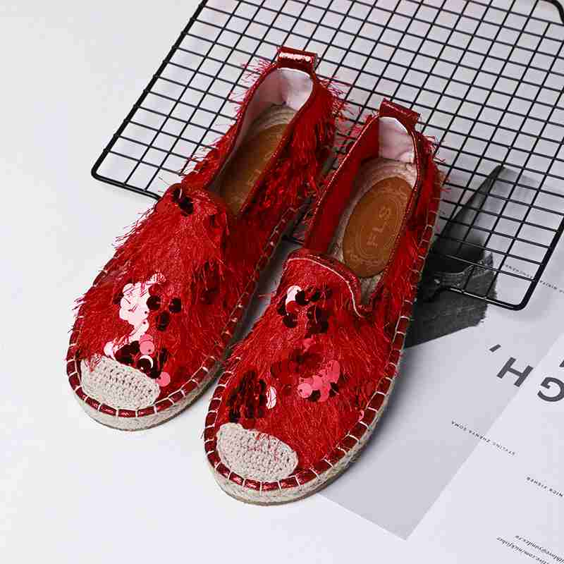 printemps plat pêcheur chaussures femme sequin décontracté simple sauvage chaussures pour femmes.: Rouge / 4