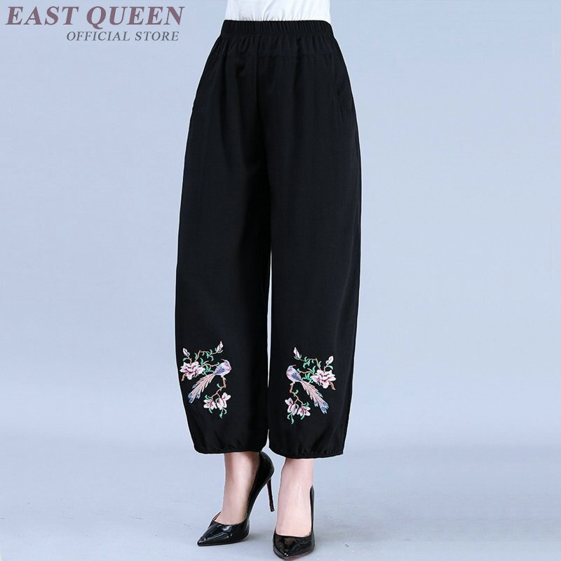 Pantalon à jambes larges pour femmes plus âgées, bouffantes noires, en coton et lin, taille haute élastique, broderie, Capris, boutique chinoise en ligne, TA1783,