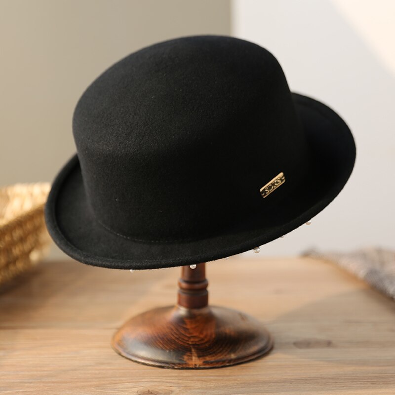 Sedancasesa klassiske bowlerhatte til kvinder australien uldfilthat sejler efterår vinter dame fedora kasket: Sort 57cm