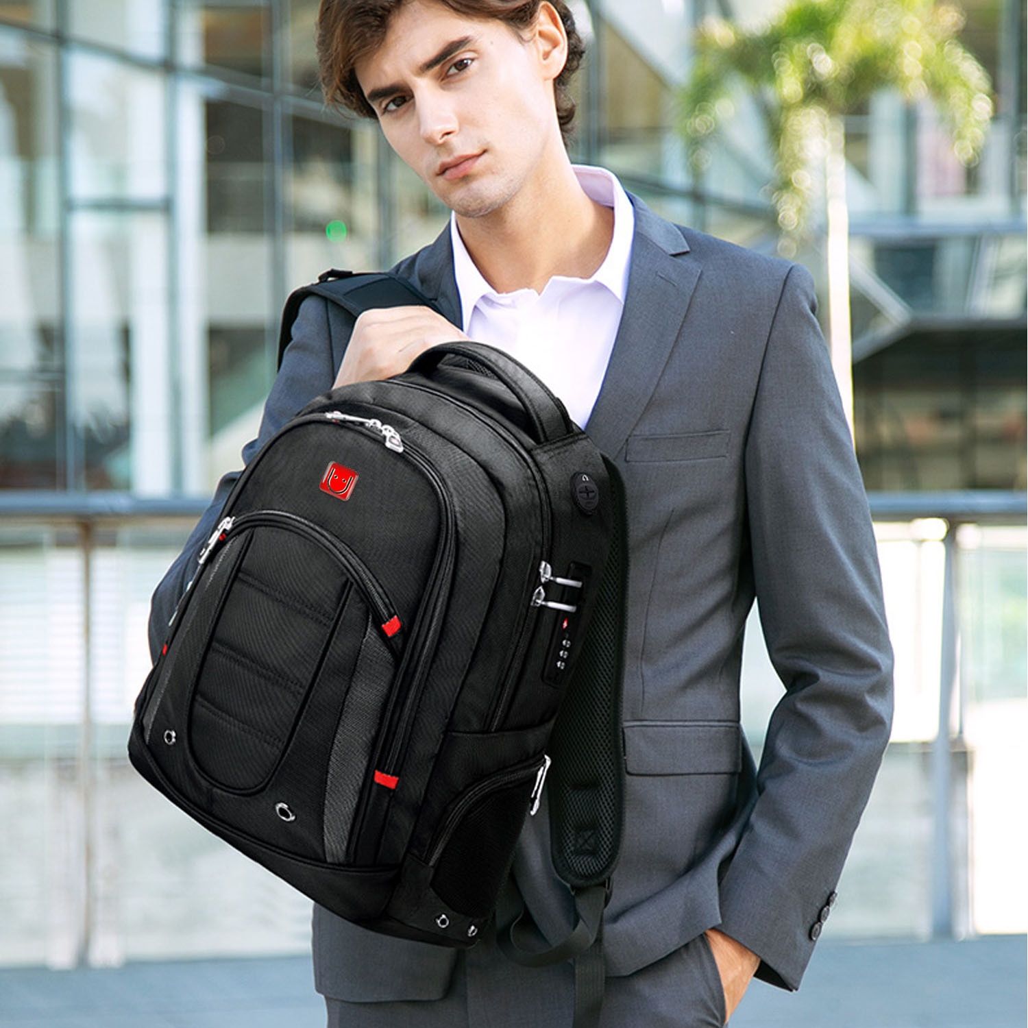 Mochila de viaje de negocios de gran capacidad para hombre, con bloqueo de código, carga USB, multicapa, bolsa para ordenador portátil de 15,6 pulgadas, bolsos escolares de