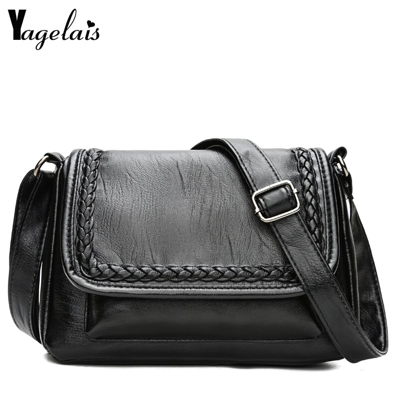 Kvinnlig liten väska vävda solida axelväskor mjukt pu läder dam messenger crossbody väskor med lock