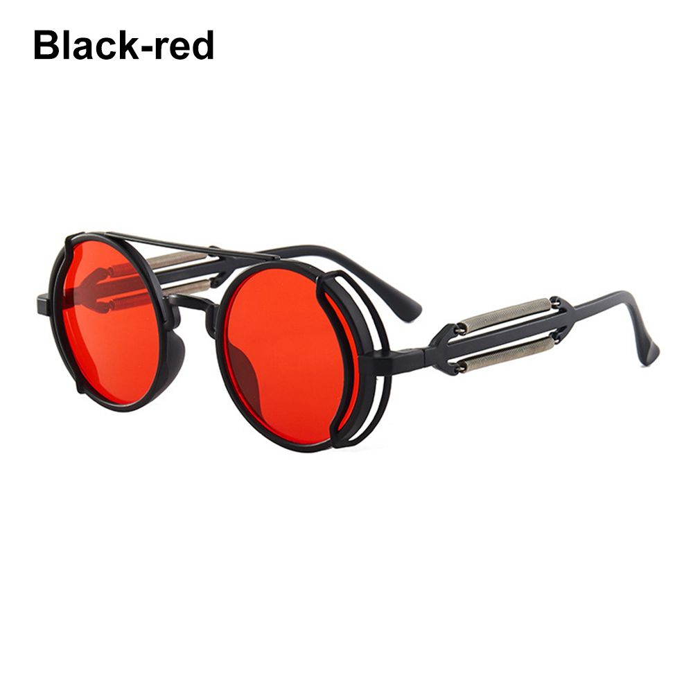 Gothic Punk UV400 Bescherming Trendy Ronde Zonnebril Steampunk Zonnebril Mannen Eyewear Zonnebril: Black-Red