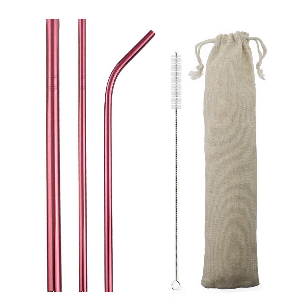 Multi 5-Pcs Eco Friendly Reusable Straws Set 304 Stainless Steel Straw Metal Smoothies Drinking Straws Set with Brush Pouch Bag: Red