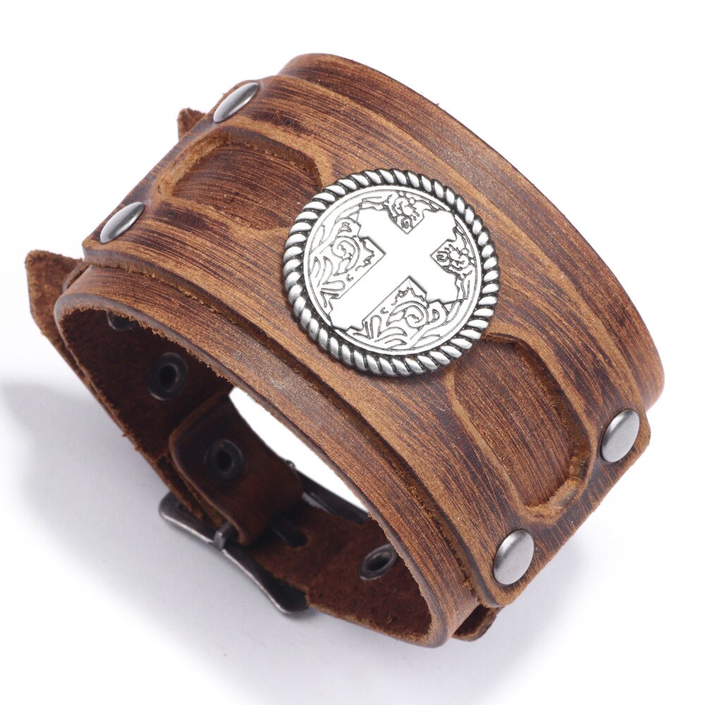 Viking Brede Leren Armband Mannen Steampunk Kruis Retro Lederen Armband Mannen Accessoires Dames Sieraden