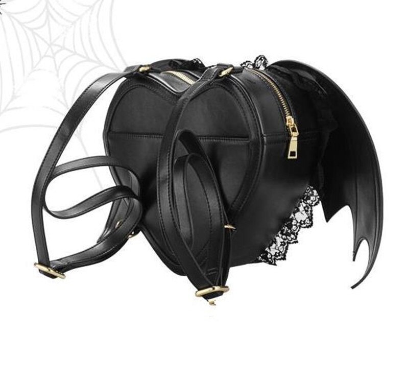 Super Women PU Leather Heart-shaped Bat Wing Backpack Shoulder Bag