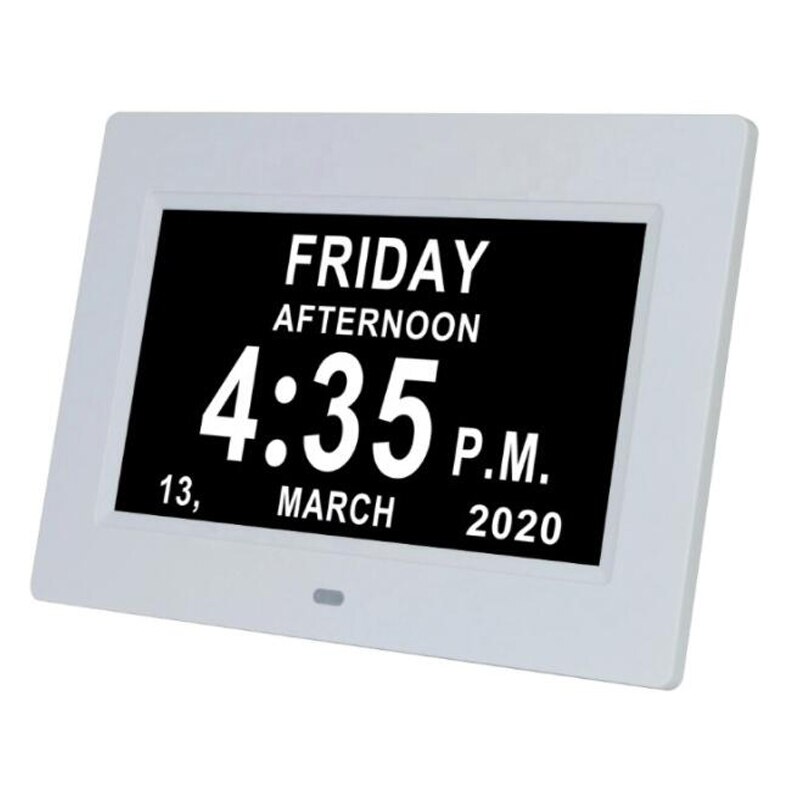 7 " Digital Day Clock LED Calendar Day/Week/Month/Year Electronic Alarm Clock for Impaired Vision People Home Decor: White