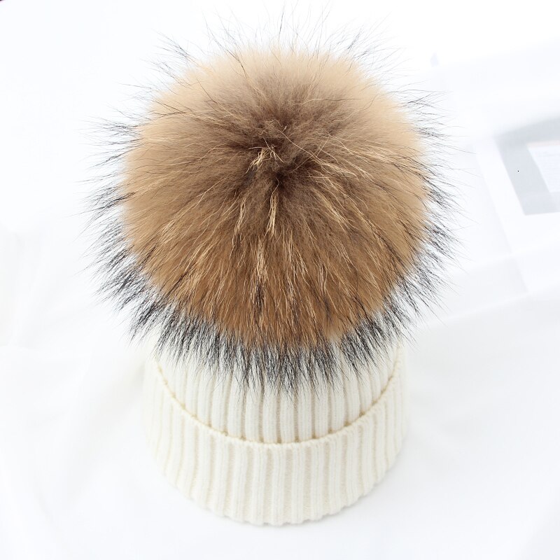 Vinter brand kvindelig pels pom poms hat vinter hat til kvinder piger hat strikkede beanies cap hat tyk kvinder uld skullies beanies: Hvid