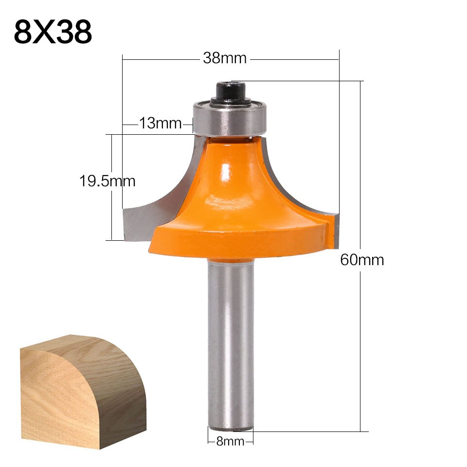 1pc 8mm Shank Round-Over Router Bits for wood Woodworking Tool 2 flute endmill with bearing milling cutter Corner Round Over Bit: 8X38