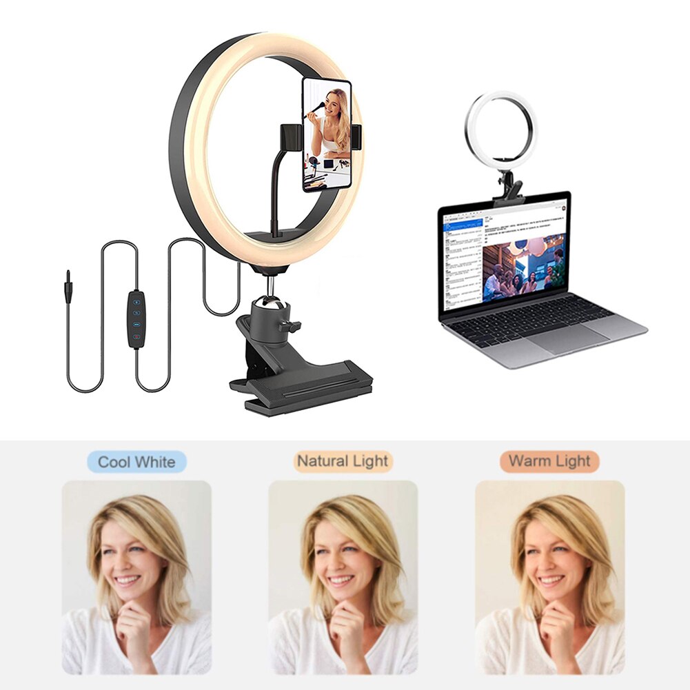 Video Conference Lighting Kit Clip on 10 inch LED Ring Light with Phone Holder Bluetooth Remote for Laptop PC Monitor Live Strea