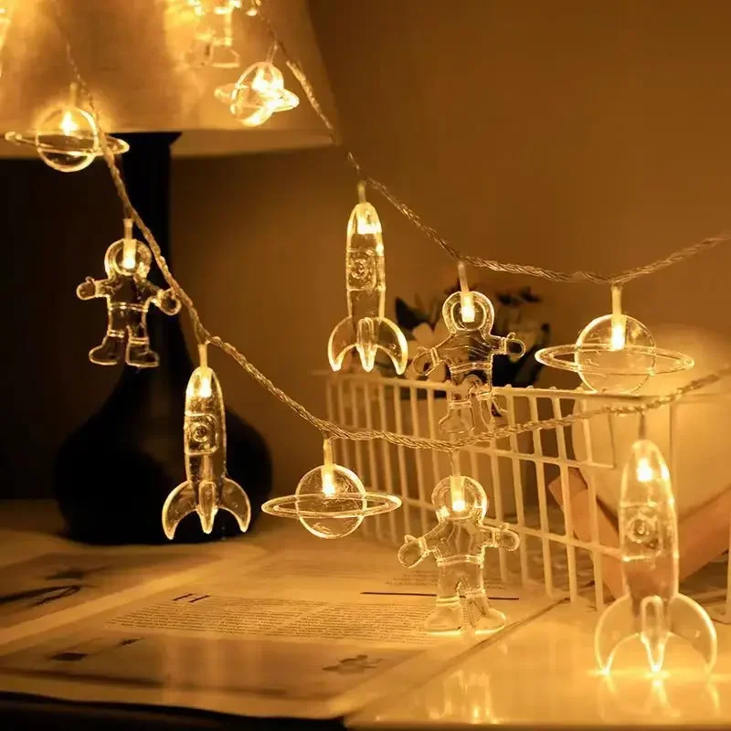 10leds astronaute fusée planète fée guirlande lumineuse alimenté par batterie LED galaxie chaîne lumière pour enfants décor de fête de noël: Bleu