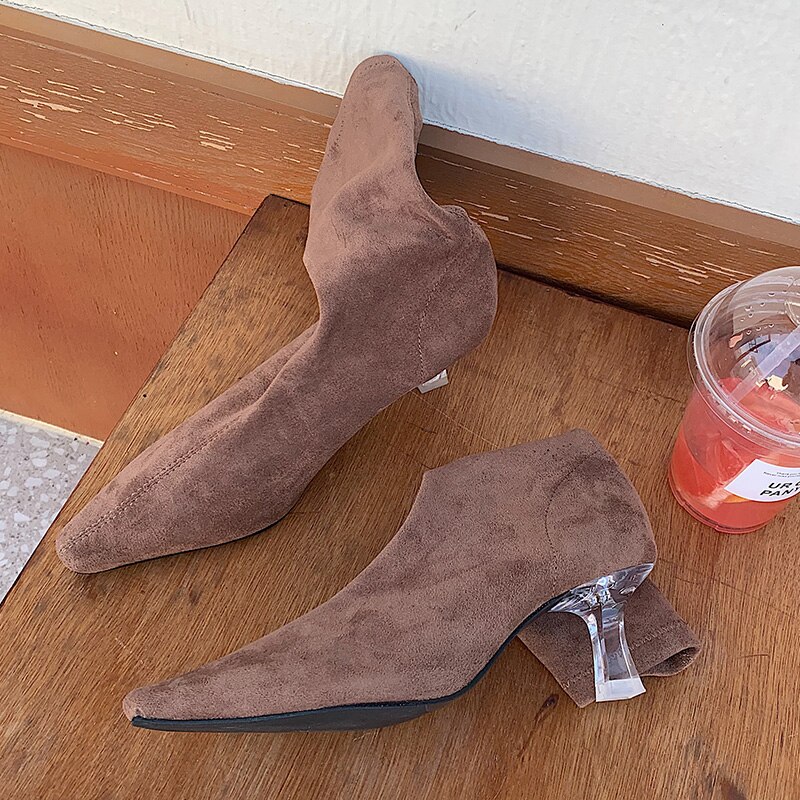 Vintertrending kvinnor plexiglas klackar mocka stövlar spetsiga tå lila sock boots aprikos mid-calf boots dam valentine skor
