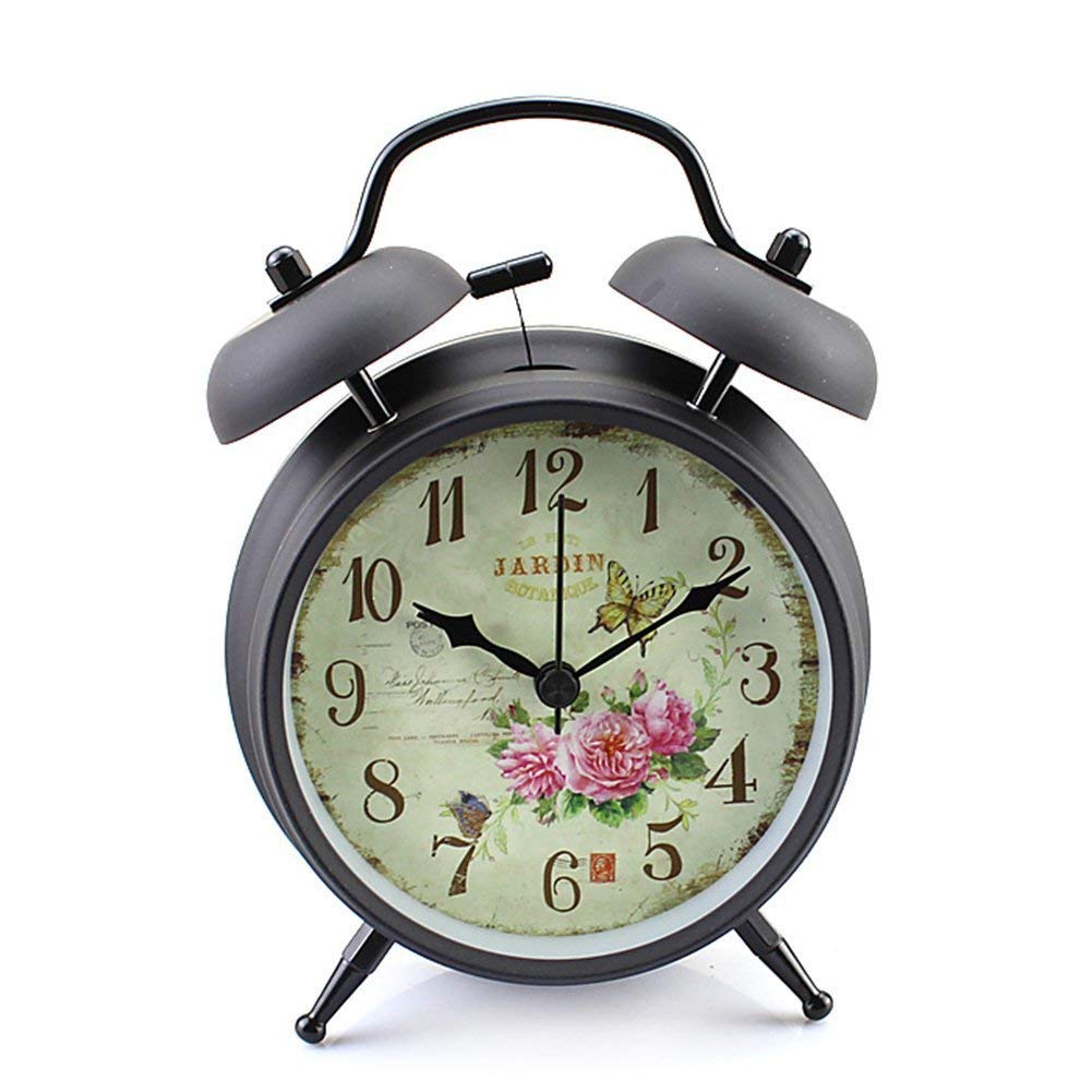 4 inch Retro Vintage Bedside Twin Bell Alarm Clock With Loud Alarm and Nightlight (Black Case - Roses)
