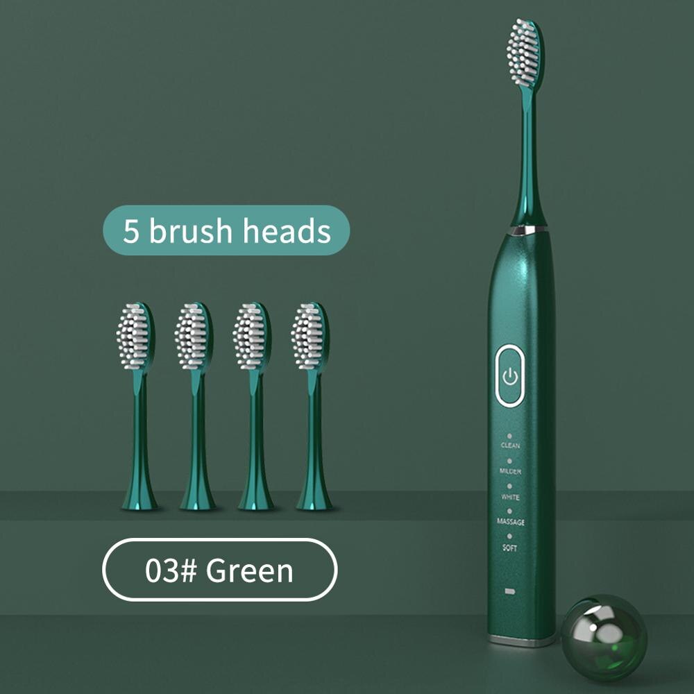 IPX7 Waterproof Tooth Automatic Ultrasonic Sonic Electric Toothbrush 5 Modes USB Rechargeable Electronic Teeth Whitening Brush: Green