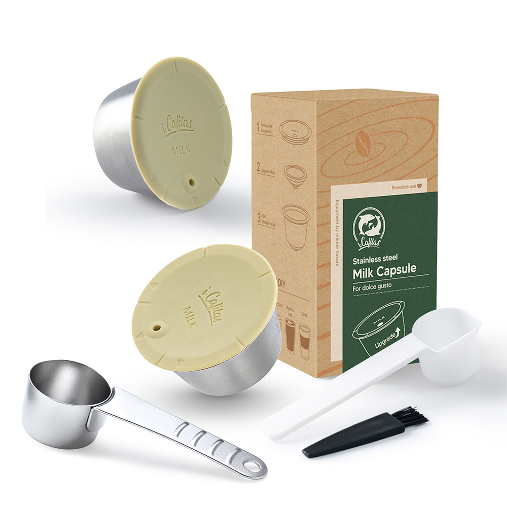 Capsules réutilisables en mousse de café et lait pour Dolce Gusto, pour nescafé, filtre à café rechargeable, Cappuccino, Latte, dosette: 2 Capsules 1 Spoon