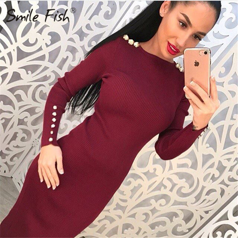 Elegante Herfst Winter Gebreide Jurk Vrouwen Knoppen Bodycon Jurken Vestdos Solid Lange Mouwen Pakket Hip Party Jurken Robe GV420