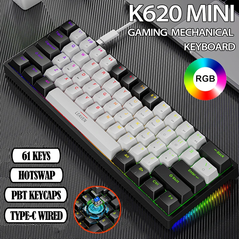 K620 mini teclado mecânico para jogos 61 teclas rgb hotswap tipo-c teclado para jogos com fio pbt teclas 60% teclados ergonômicos