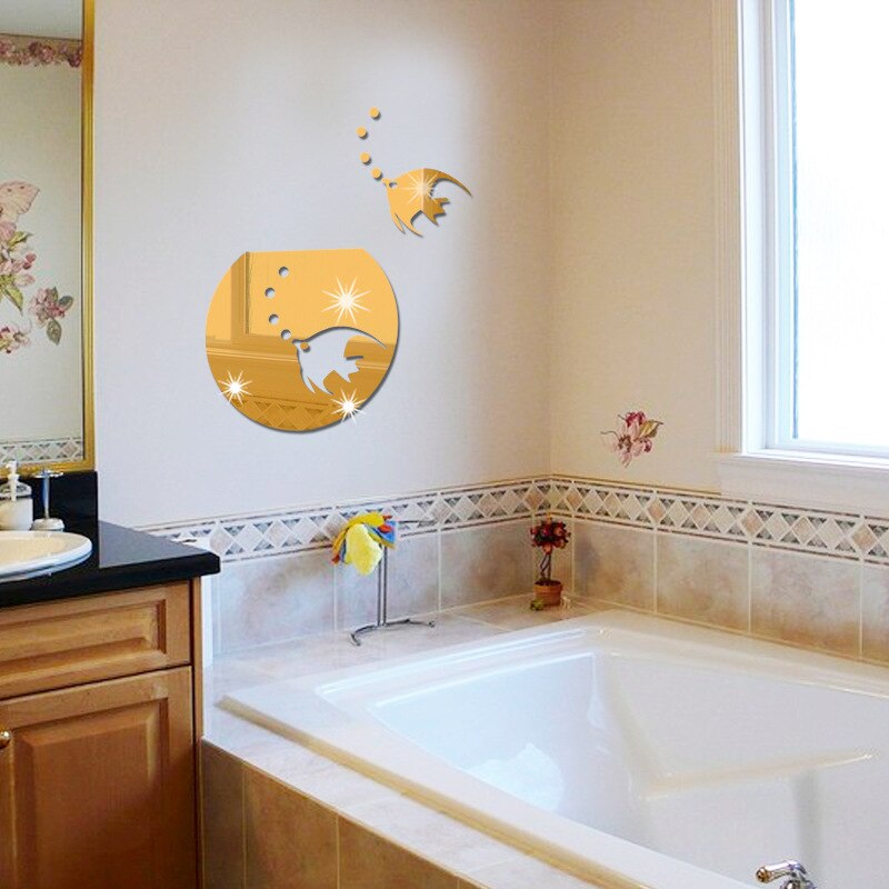 Decorate Home 3D round fish art wall mirror sticker decoration Decals mural painting Removable Decor Wallpaper LF-1335: Gold
