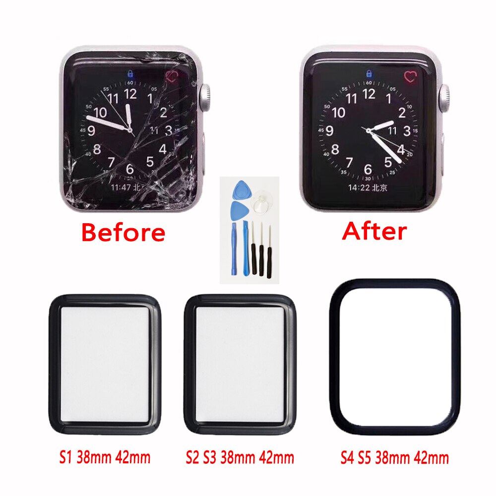 Original 38mm 40mm 42mm 44mm ytre glass for apple-watch-serien 1 2 3 4 5 6 lcd ytre skjermglass + rammefilm + reparasjonsverktøy