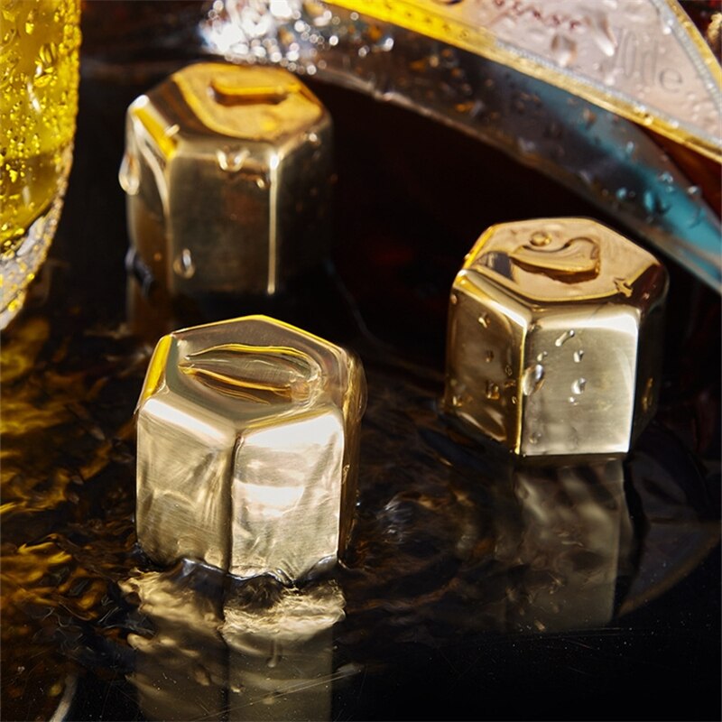 Hexagon Shape Golden Stainless Steel Whisky Ice Cubes Bar Vodka Whisky Wine Beer Cooler Rocks Coolers Holder Boxed Chiller Tools