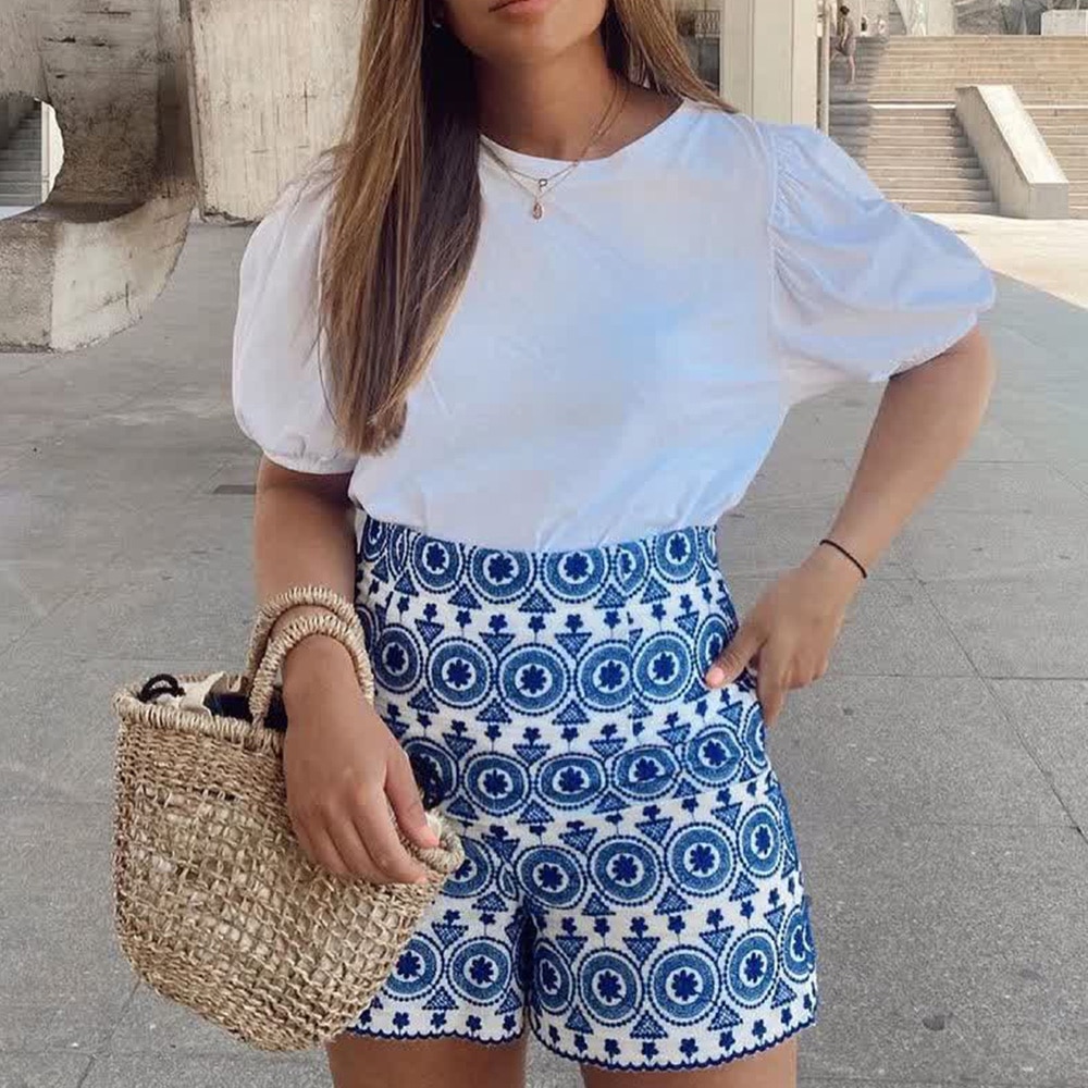 Xeasy Zomer Vrouwen Vintage Katoen Blauw Borduurwerk Kantoor Dame Broek Vrouwelijke Slanke Hoge Taille Casual Shorts Bottoms