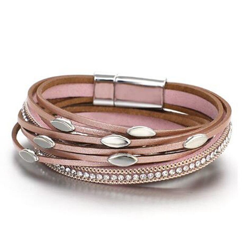 Multilayer Leather Leaf Bracelet Shiny Rhinestone Inlaid Women Charm Prom Jewelry: Pink