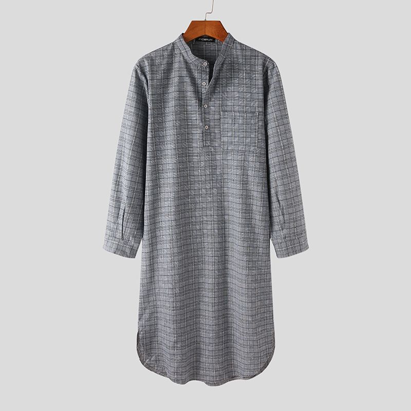 Incerun Man Katoen Zakken Homewear Mannen Plaid Slaap Robes Lange Mouwen Stand Kraag Nachtjapon Casual Button Comfy Badjassen 5XL 7: Gray / XL