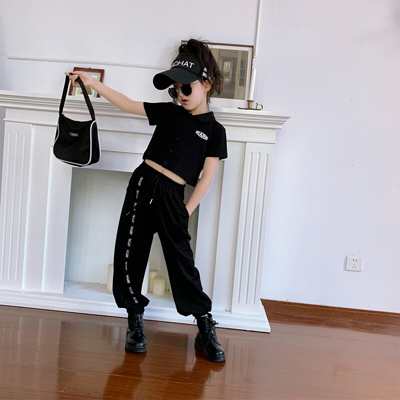 Girls' 2-Piece Streetwear Set: Rhinestone Crop Top & Cargo Pants For Hip Hop Dance
