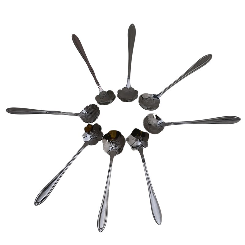 8 unids/set flores de cerezo de acero inoxidable té cuchara de café cucharaditas de hielo crema de azúcar cubiertos oro cocina vajilla