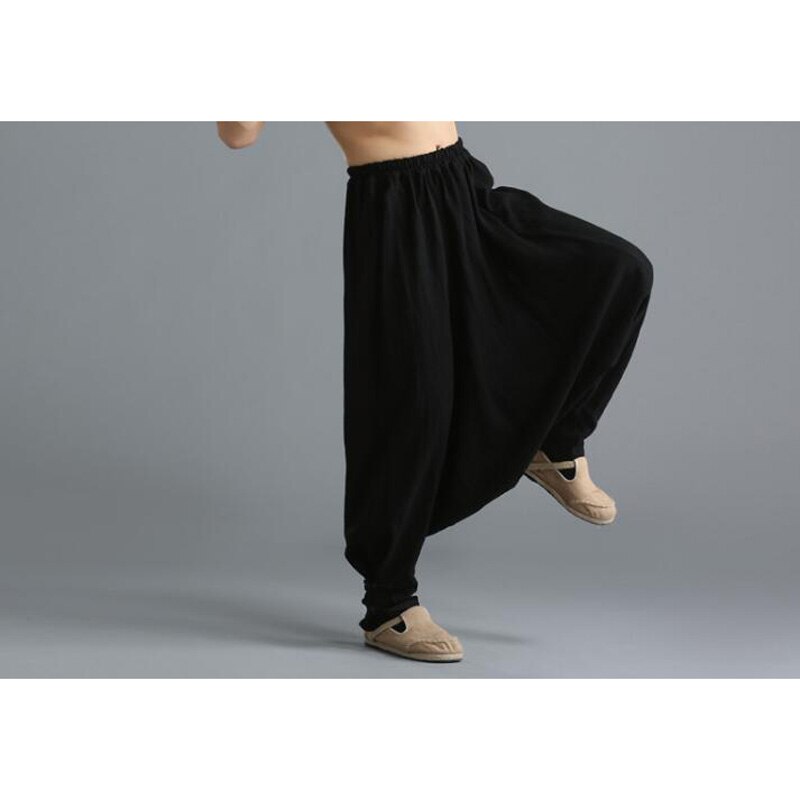 Pantalones bombachos de lino para hombre, pantalón bombacho informal de viaje, con entrepierna grande fluida, color negro y rojo, India, Nepal, novedad: L / Negro