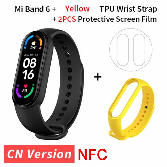 Xiaomi-pulsera inteligente Mi Band 6, accesorio deportivo resistente al agua hasta 5atm, con Pantalla AMOLED de 1,56 pulgadas, control del ritmo cardíaco, Bluetooth y NFC: yellow strap film