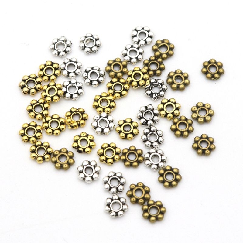 Marguerite de roue, charme de fleurs, marguerite, couleur or argenté tibétain, 4mm, perles métalliques avec espacement ample, pour la fabrication de bijoux, accessoires d'aiguilles, 1000 pièces