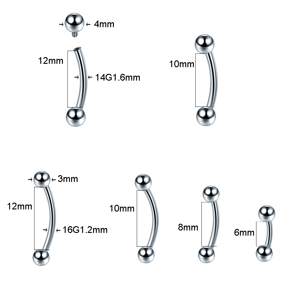 Piercings de cejas de titanio, joyería curvada de plátano con rosca interna, pendiente para ombligo, labio, lengua, 14G, 16G, 1 ud.