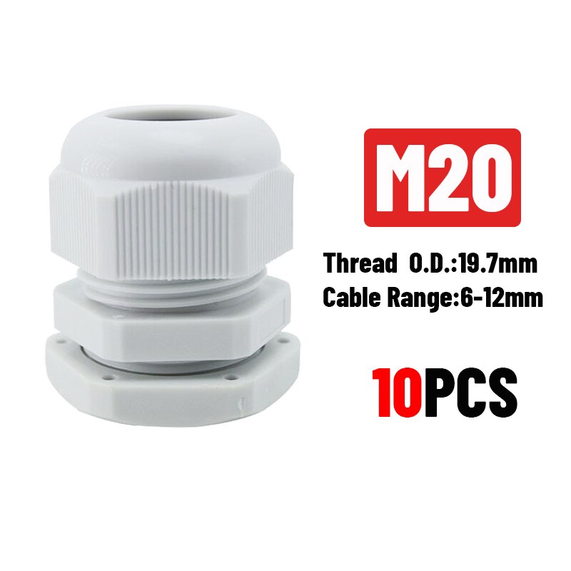 White 10pcs IP68 M12 for 3-6.5mm PG7 M16 M18 M20 M25 M36 M40 M63 Wire Cable CE Waterproof Nylon Plastic Cable Gland Connector: M20x1.5