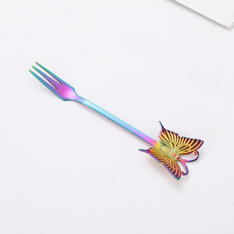 Cuillère à café en acier inoxydable 304, cuillère à café pour Dessert au sucre plaqué or, fourchette à fruits, polissage miroir poignée papillon, vaisselle 1 pièce: Colorful Fork