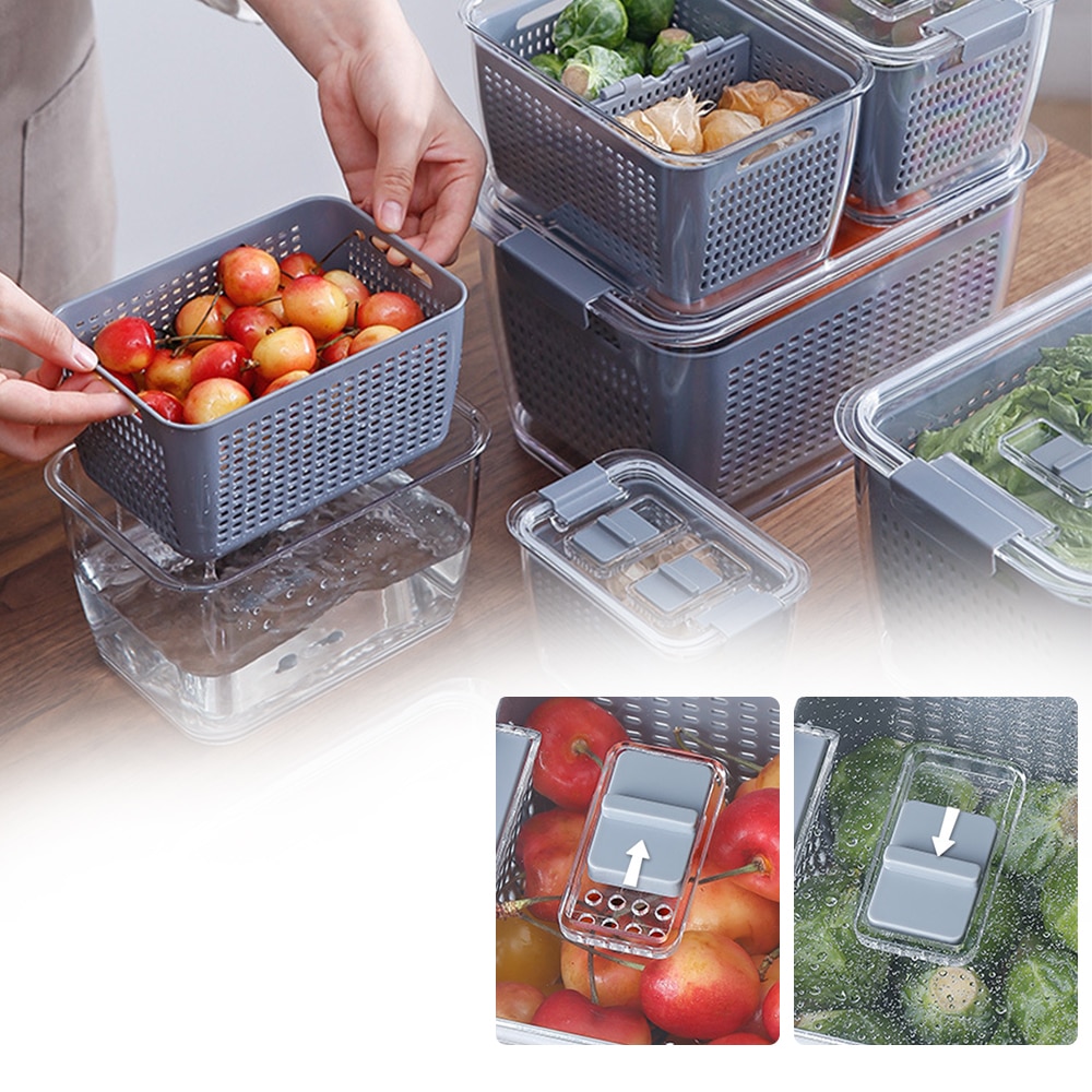 Plastic Double Sealed Drain Storage Box Refrigerator Fruit Vegetable Drain Storage Containers With Lid Kitchen Fridge Organizer