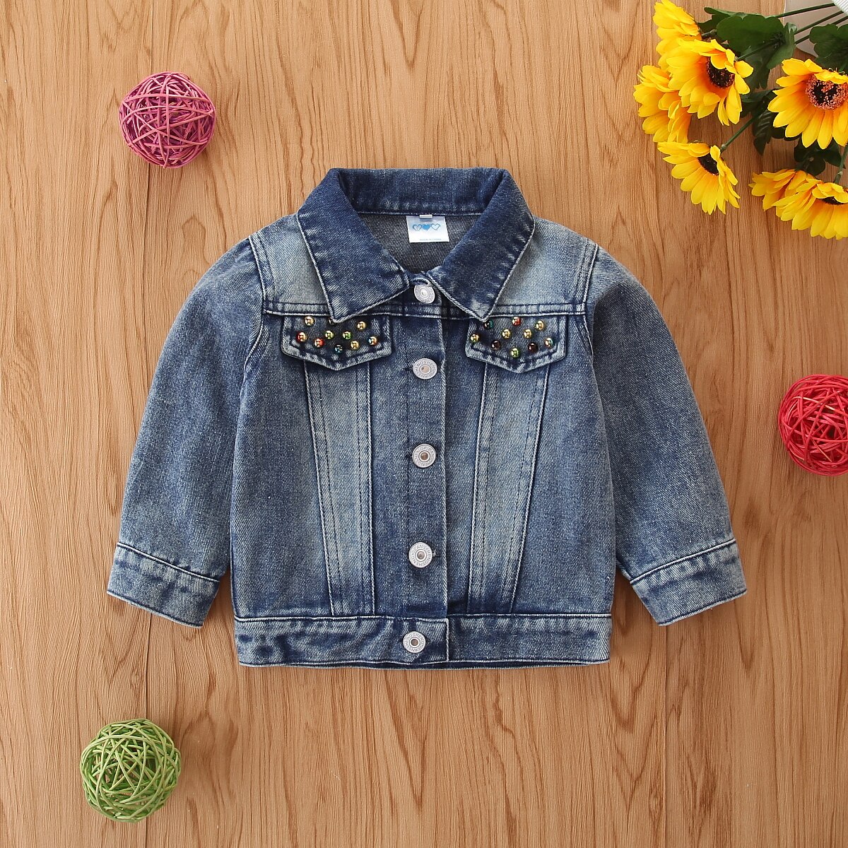 Chaqueta vaquera de manga larga para niños, abrigo con cuentas, decoración de lentejuelas en forma de corazón, de 1 a 5 años, a la , para otoño