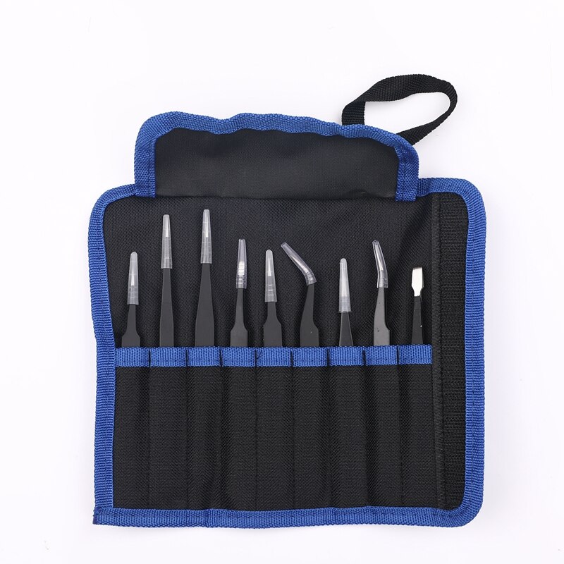9 pçs esd pinças kit ferramentas precisão antiestático ponta curvada em linha reta pinças de aço inoxidável nipper ferramenta de reparo novo