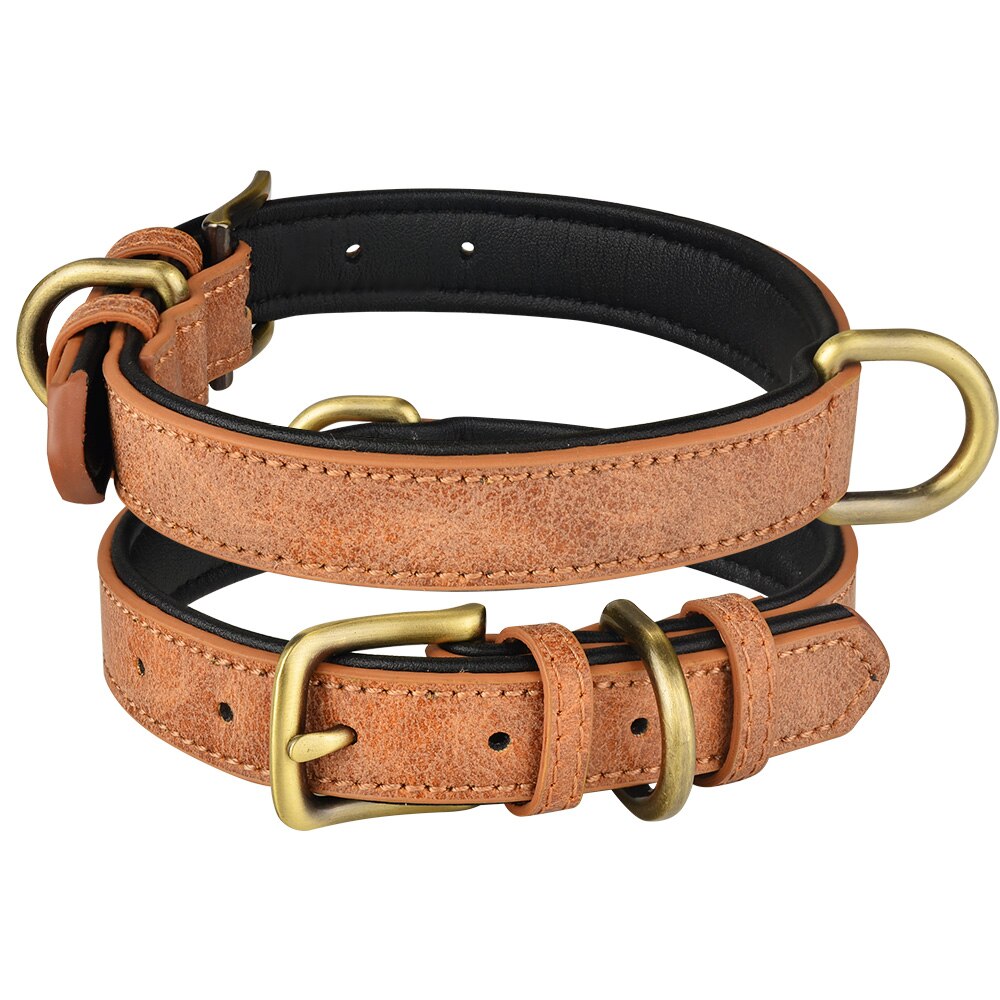 Leather Dog Collar Adjustable Double D-ring Dog Control Small Medium Large Dogs: Brown / M 29-38CM